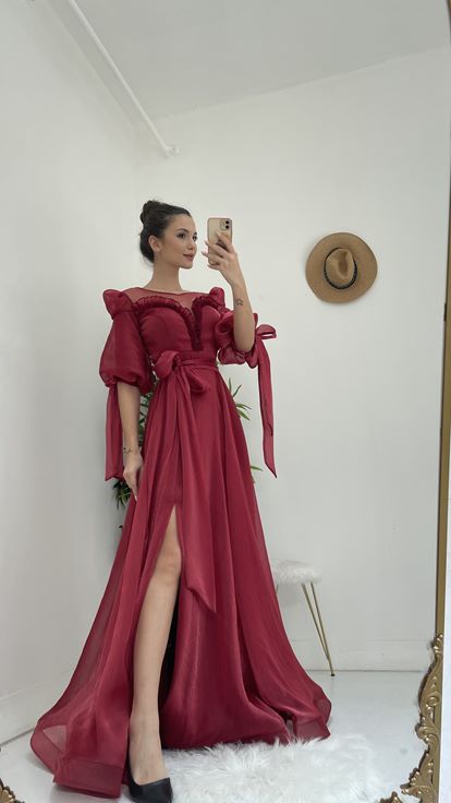 Bordo Kayık Yaka Prenses Model Abiye Elbise