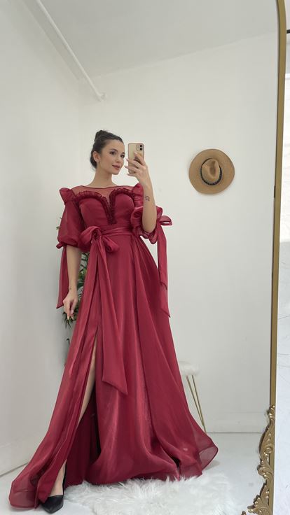Bordo Kayık Yaka Prenses Model Abiye Elbise