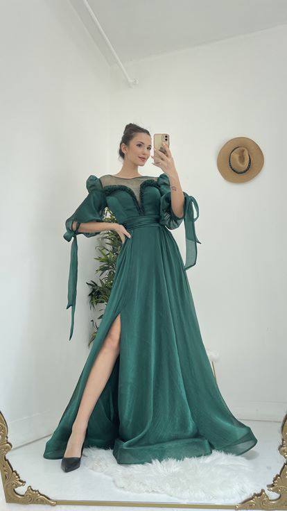 Green Boat Neck Princess Model Evening Dress