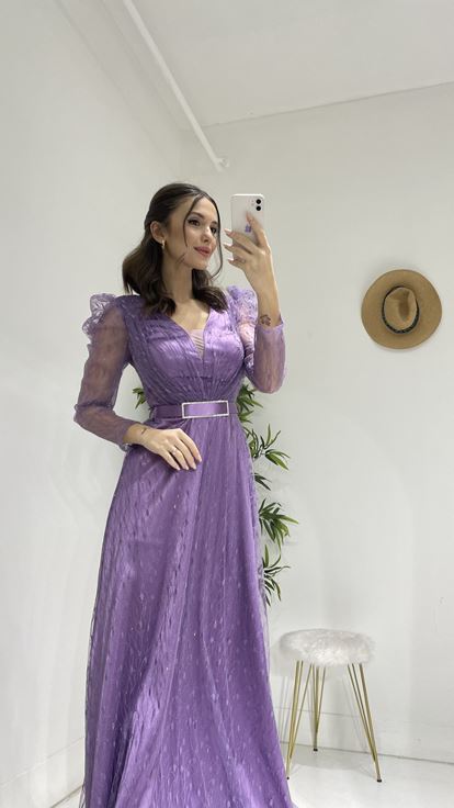 Lila Kemerli  Tül Abiye Elbise
