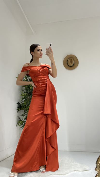 Tile Rope Strap Flounce Satin Evening Dress
