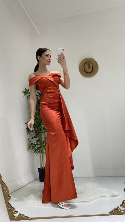 Tile Rope Strap Flounce Satin Evening Dress
