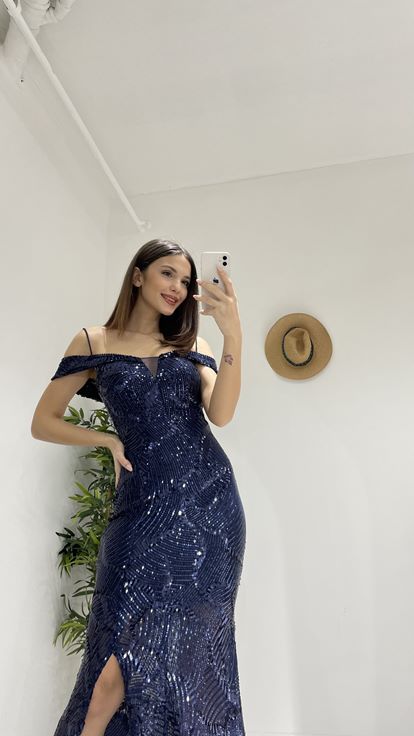 Navy Blue Rope Hanger Long Stamp Straws Evening Dress