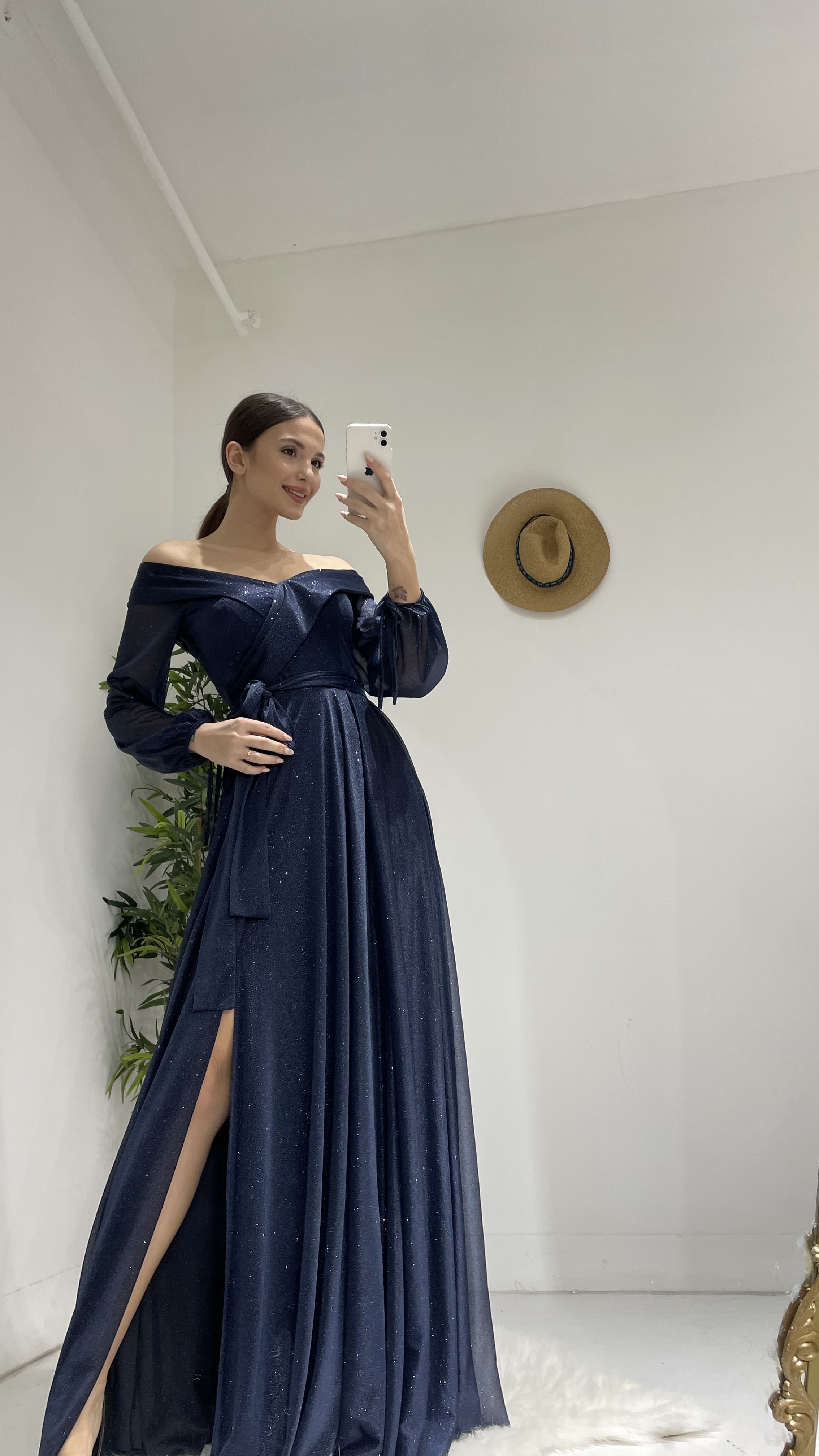 Navy Blue Belt Detail Silvery Tulle Evening Dress