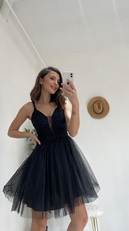 Siyah Üzeri Dantel Mini Boy Tül Abiye Elbise