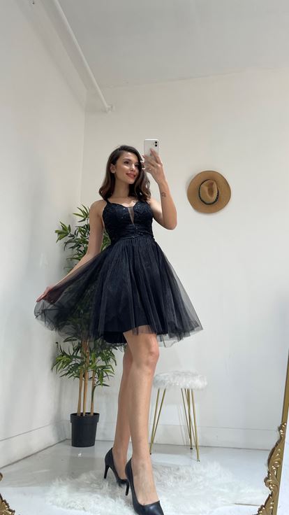 Siyah Üzeri Dantel Mini Boy Tül Abiye Elbise