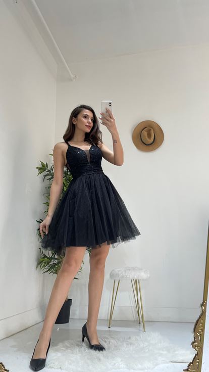 Siyah Üzeri Dantel Mini Boy Tül Abiye Elbise
