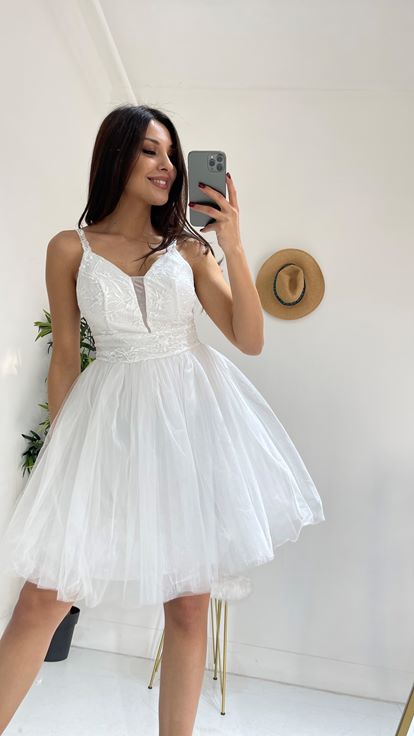 Beyaz Üzeri Dantel Mini Boy Tül Abiye Elbise