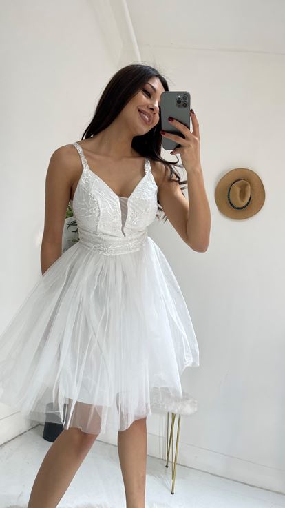 Beyaz Üzeri Dantel Mini Boy Tül Abiye Elbise