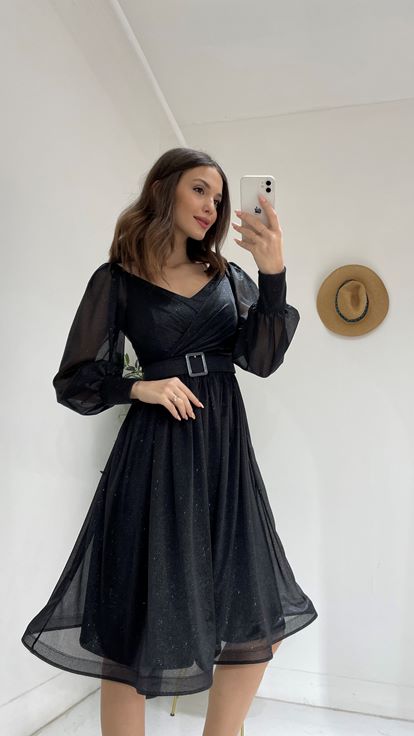 Siyah Kemerli Simli Tül Abiye Elbise