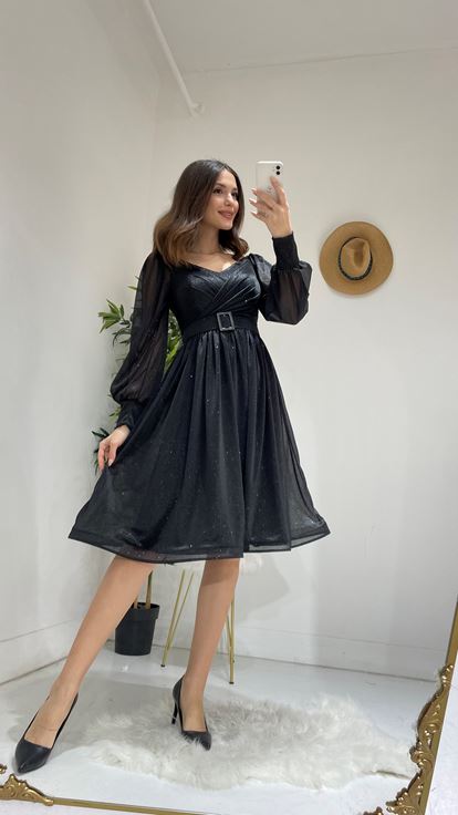 Siyah Kemerli Simli Tül Abiye Elbise