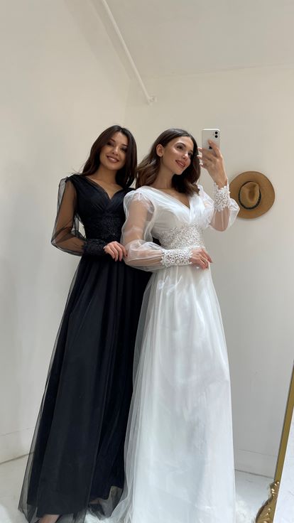 White Long Tulle Evening Dress with Stones on the Sleeves and Waist