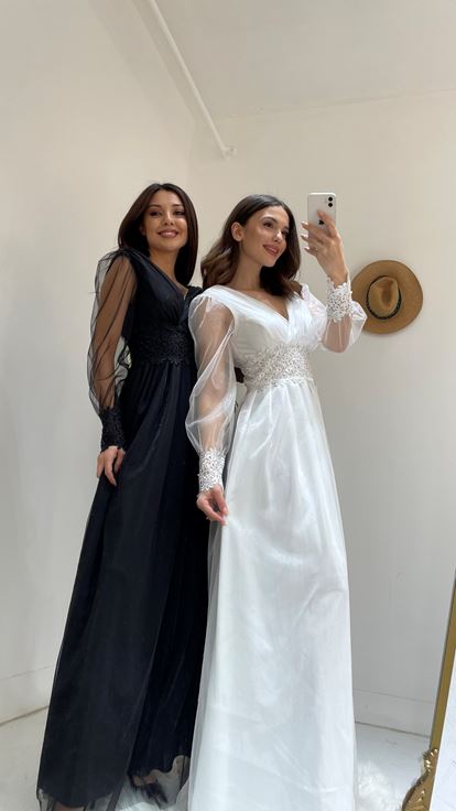 White Long Tulle Evening Dress with Stones on the Sleeves and Waist