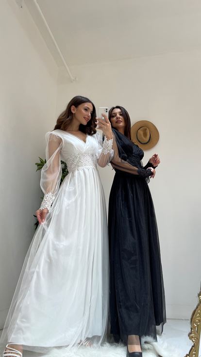 White Long Tulle Evening Dress with Stones on the Sleeves and Waist