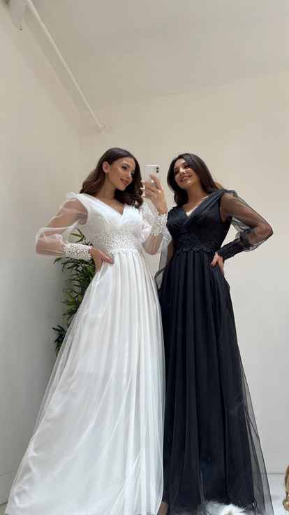 White Long Tulle Evening Dress with Stones on the Sleeves and Waist