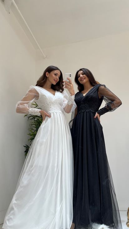 White Long Tulle Evening Dress with Stones on the Sleeves and Waist