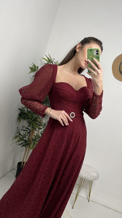 Bordo Gloplu Kemerli Abiye Elbise