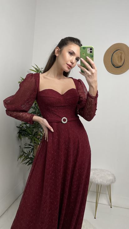 Bordo Gloplu Kemerli Abiye Elbise