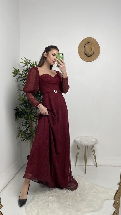 Bordo Gloplu Kemerli Abiye Elbise