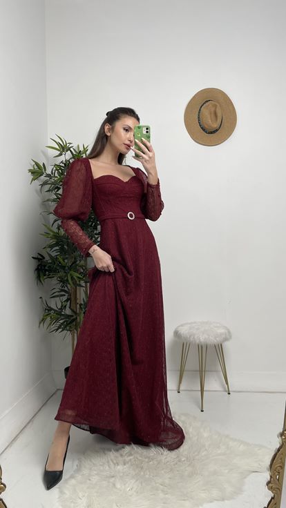 Bordo Gloplu Kemerli Abiye Elbise