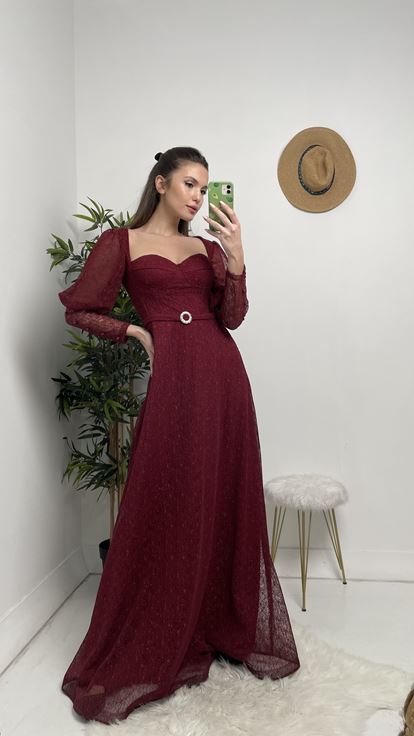 Bordo Gloplu Kemerli Abiye Elbise