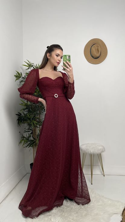 Bordo Gloplu Kemerli Abiye Elbise