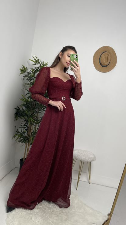 Bordo Gloplu Kemerli Abiye Elbise