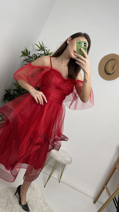 Red Rope Strap Skirt Tiered Tulle Evening Dress
