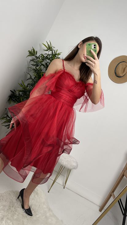 Red Rope Strap Skirt Tiered Tulle Evening Dress