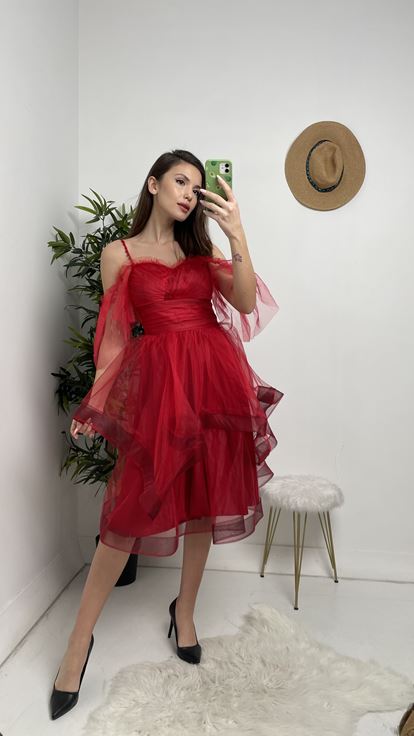 Red Rope Strap Skirt Tiered Tulle Evening Dress