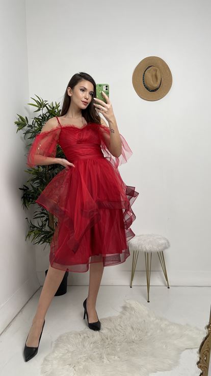 Red Rope Strap Skirt Tiered Tulle Evening Dress