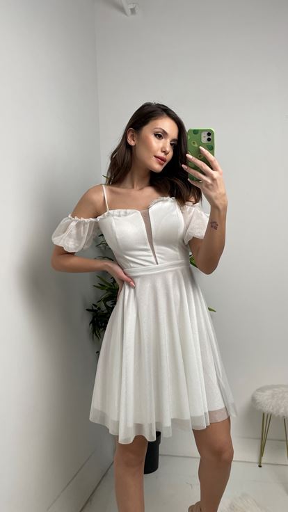 Beyaz İp Askılı Mini Boy Tül Abiye Elbise