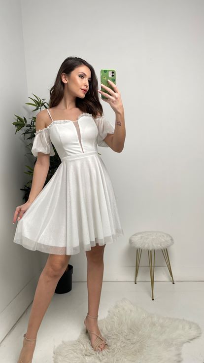 Beyaz İp Askılı Mini Boy Tül Abiye Elbise