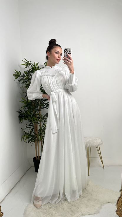 White Belted Glittery Long Sleeve Tulle Evening Dress