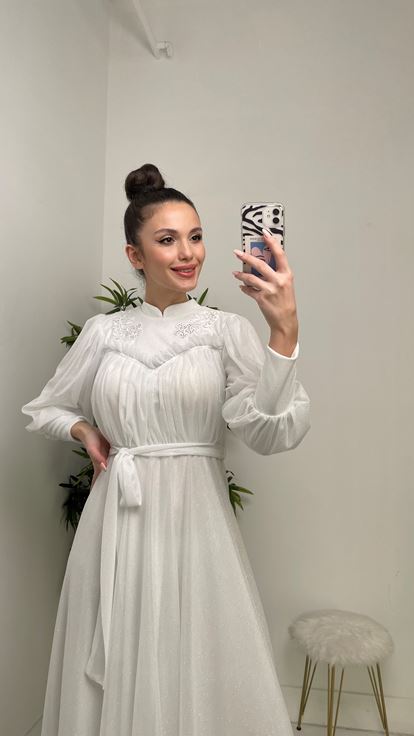 White Belted Glittery Long Sleeve Tulle Evening Dress