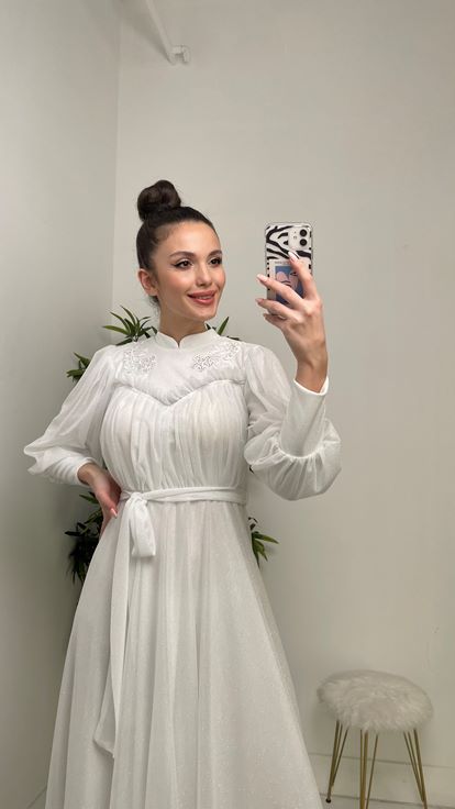 White Belted Glittery Long Sleeve Tulle Evening Dress