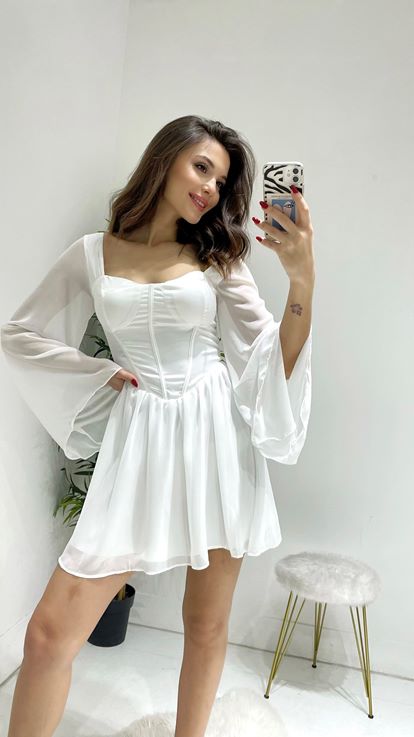 Beyaz Göğüs Kısmı Saten Şifon Mini Elbise