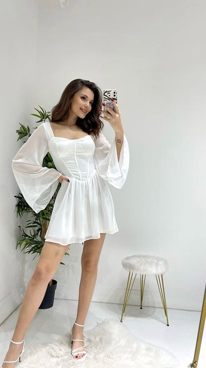 Beyaz Göğüs Kısmı Saten Şifon Mini Elbise