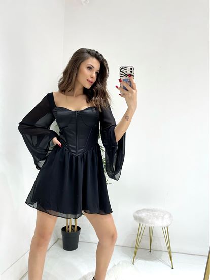Siyah Göğüs Kısmı Saten Şifon Mini Elbise