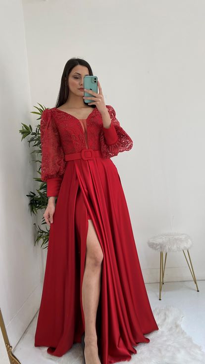 Kırmızı Kemer Detay Balon Kol Abiye Elbise