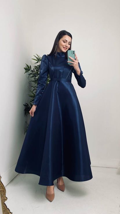 Lacivert Omuz Detay Kemerli Tesettür Abiye Elbise