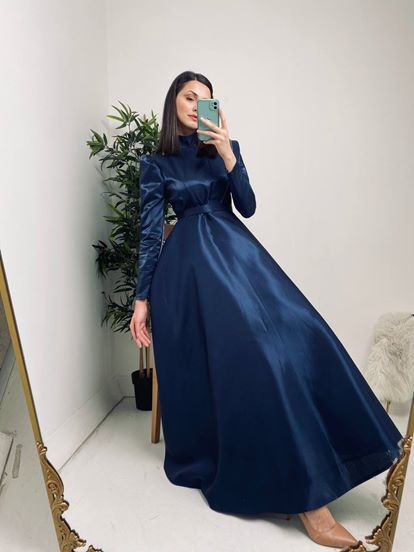 Lacivert Omuz Detay Kemerli Tesettür Abiye Elbise