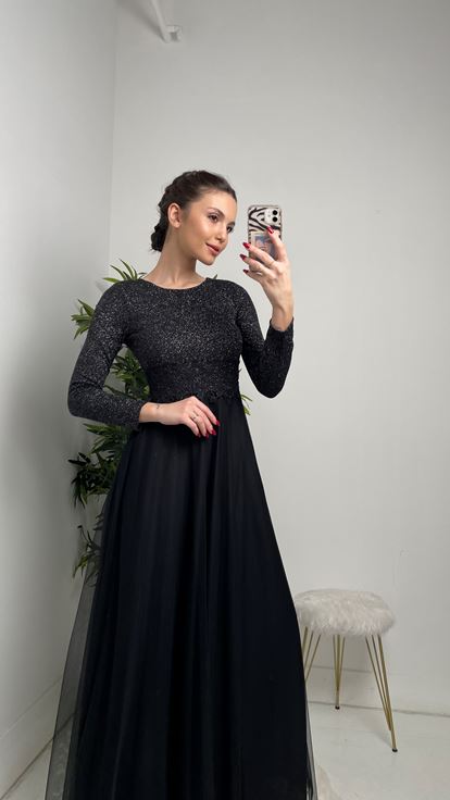 Siyah Beli Dantel Üzeri Simli Uzun Tül Abiye Elbise