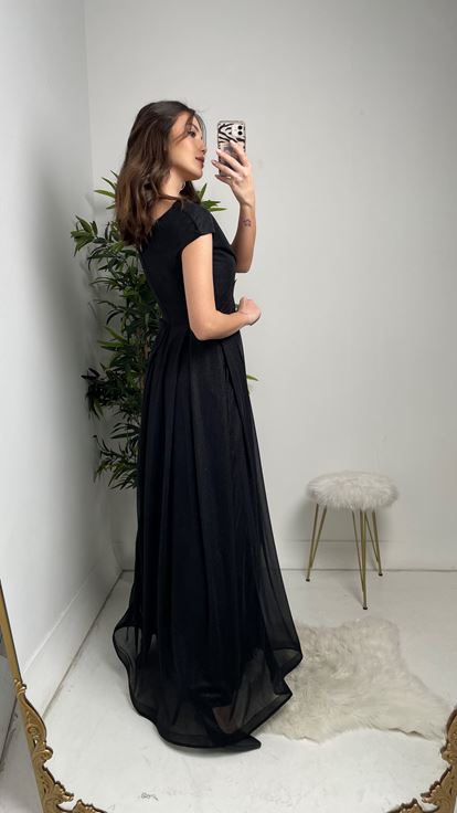 Siyah Kruvaze Yaka Kolsuz Simli Tül Abiye Elbise