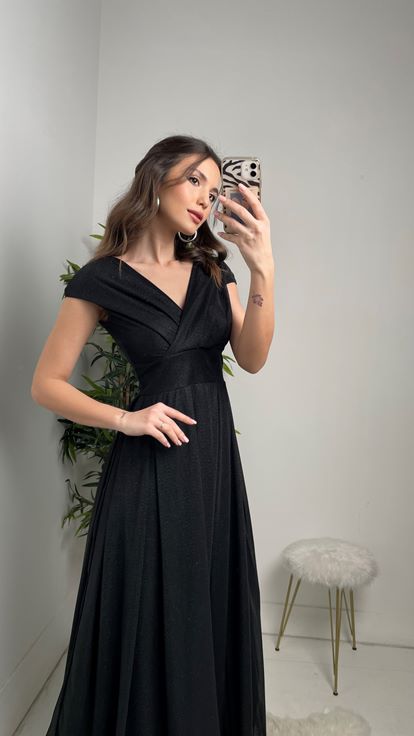 Siyah Kruvaze Yaka Kolsuz Simli Tül Abiye Elbise