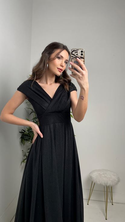 Siyah Kruvaze Yaka Kolsuz Simli Tül Abiye Elbise