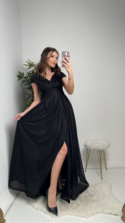 Siyah Kruvaze Yaka Kolsuz Simli Tül Abiye Elbise