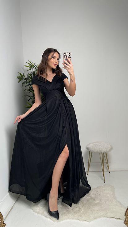 Siyah Kruvaze Yaka Kolsuz Simli Tül Abiye Elbise