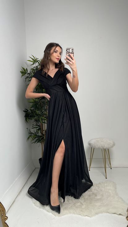 Siyah Kruvaze Yaka Kolsuz Simli Tül Abiye Elbise