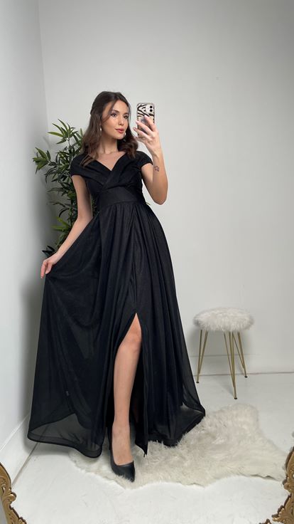 Siyah Kruvaze Yaka Kolsuz Simli Tül Abiye Elbise